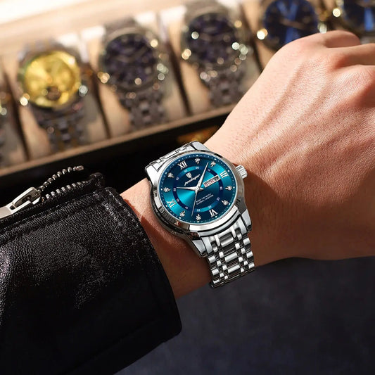 Trendige, luxuriöse POEDAGAR-Herrenarmbanduhr, wasserdicht, aus Edelstahl, mit Leuchtzeigern, Datumsanzeige und Quarzwerk.