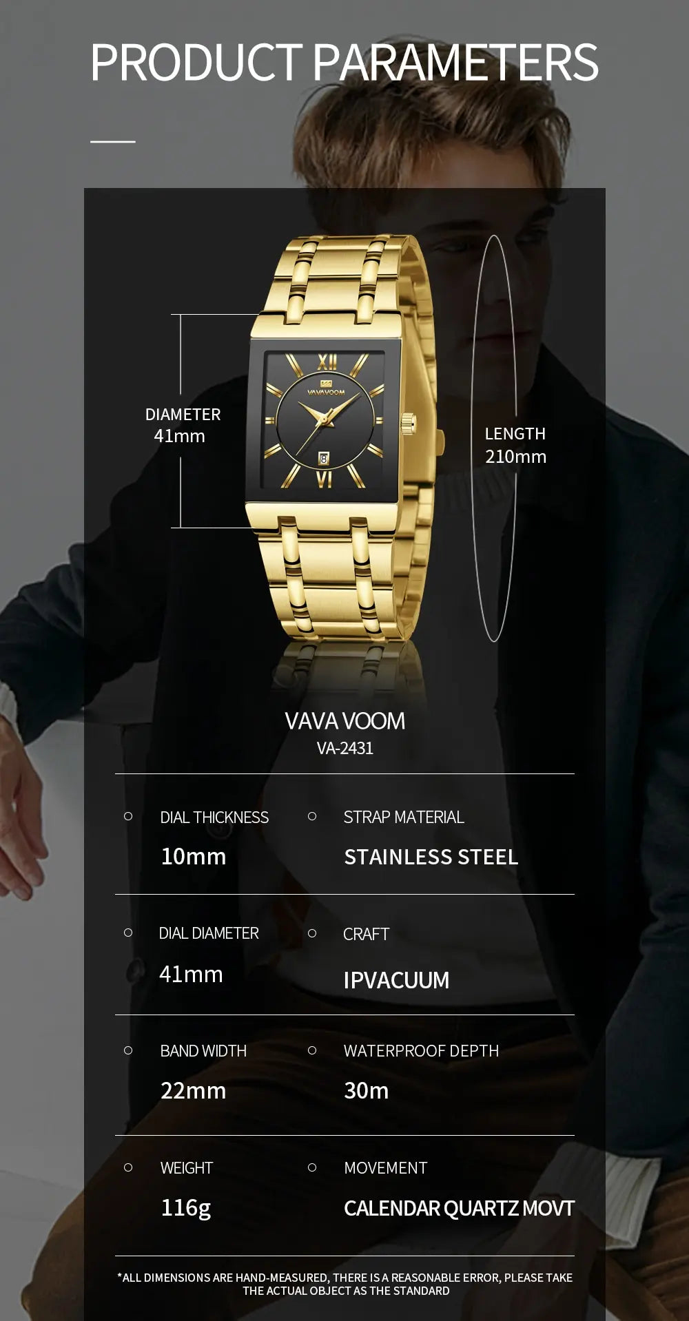 Herenzakelijk horloge, eenvoudig ontwerp, luxe mode, rechthoekig, zwart-goud, roestvrij staal, kalender, waterdicht, quartz, herenhorloges