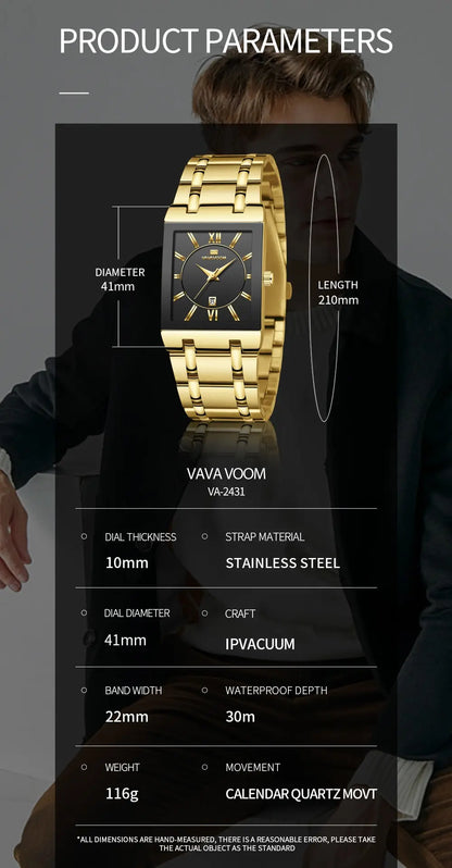 Herenzakelijk horloge, eenvoudig ontwerp, luxe mode, rechthoekig, zwart-goud, roestvrij staal, kalender, waterdicht, quartz, herenhorloges