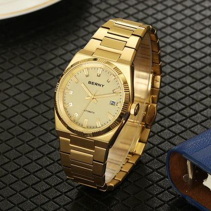 Orologio automatico da uomo BERNY, dorato, vetro zaffiro, lancette luminescenti, originale al 100%, dotato di movimento PT5000, rivestimento antiriflesso, modello di lusso con lunetta intercambiabile, impermeabile fino a 5 ATM.