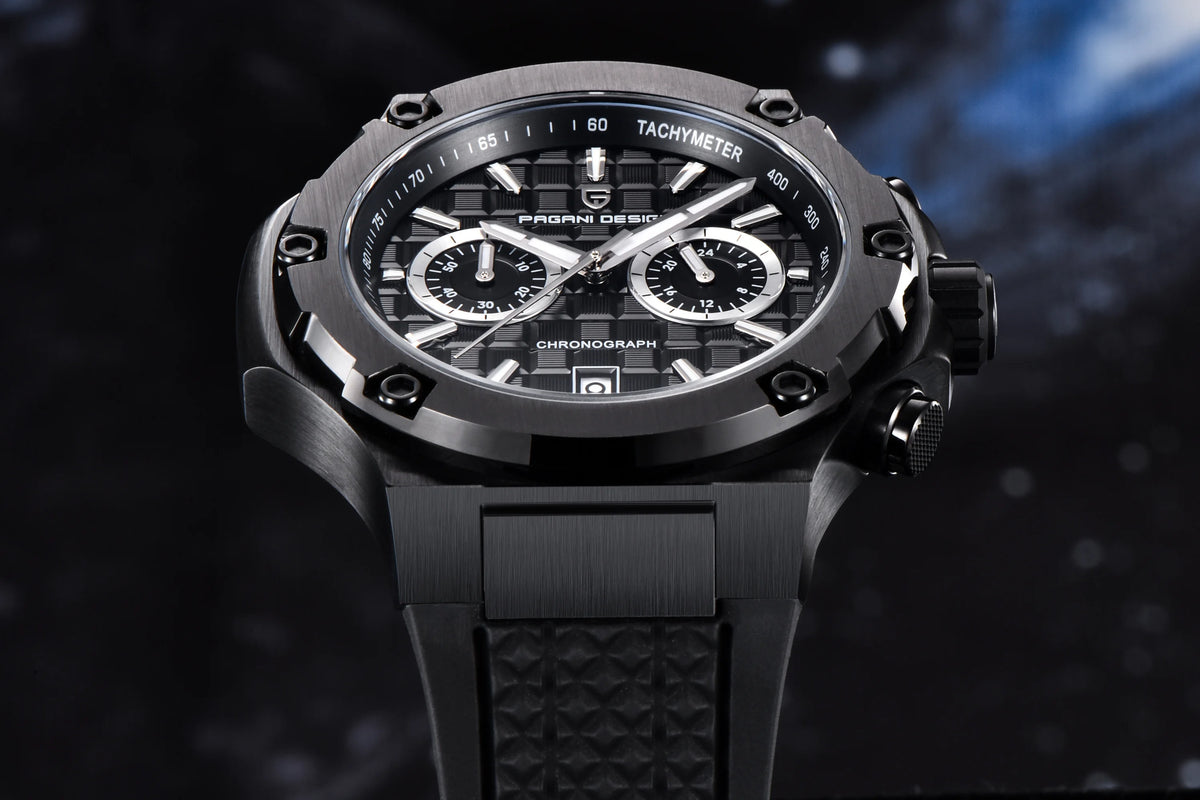 Orologio da uomo PAGANI DESIGN – Cronografo sportivo di lusso in oro rosa, dotato di un movimento al quarzo giapponese VK64 e di un cinturino in gomma fluorurata.