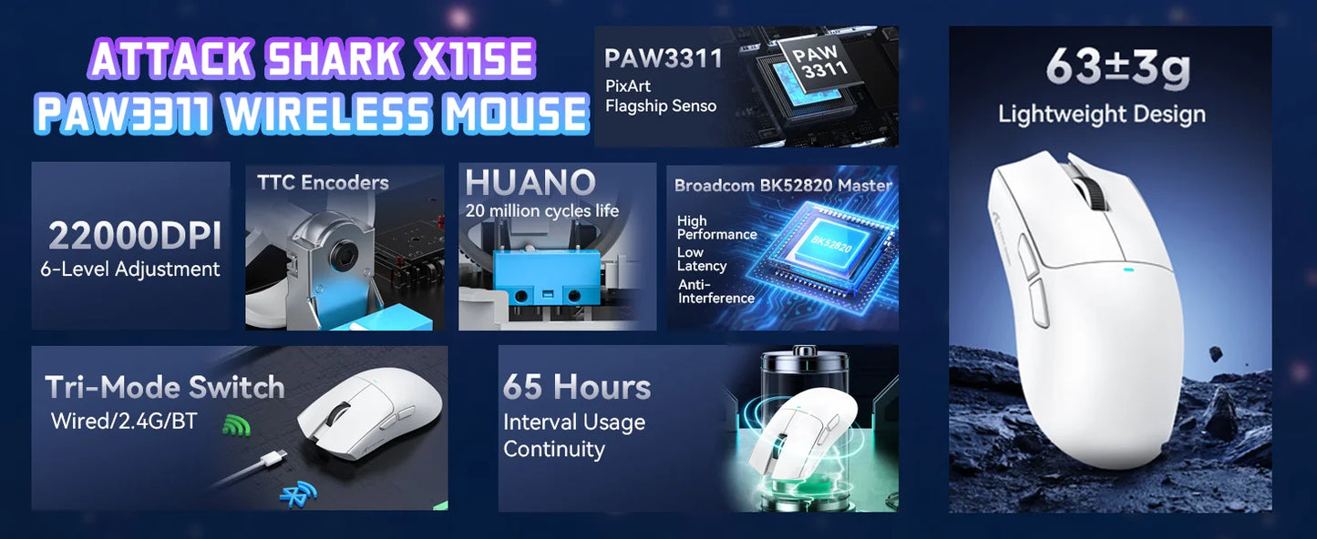 ATTACK SHARK X11SE Wireless Gaming Mouse, Tri-Mode, 63g Superlight With PAW3311 Sensor, 22000 DPI, 300mAh Battery, Dual Driver