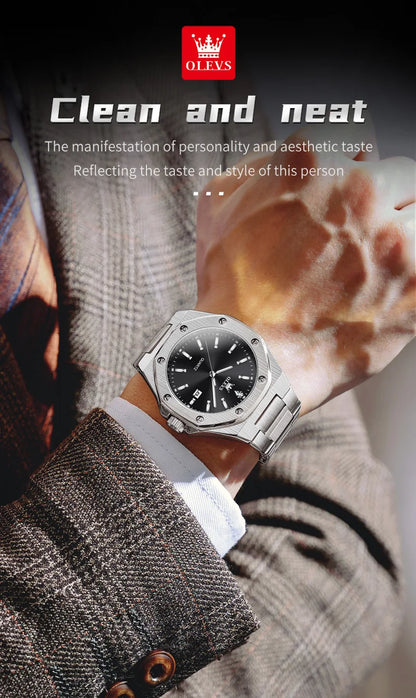 Montres OLEVS pour homme : montre de luxe classique à quartz, argentée et bleue, étanche, en acier inoxydable, luminescente, Reloj Hombre