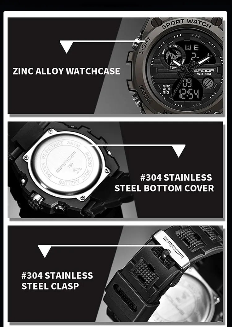 SANDA Montres de luxe haut de gamme pour homme, montre militaire, montre-bracelet sportive étanche, montre à double affichage, Relogio Masculino