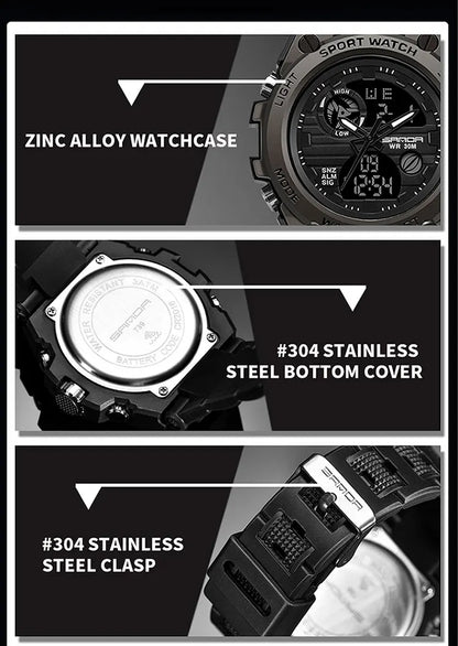 SANDA Montres de luxe haut de gamme pour homme, montre militaire, montre-bracelet sportive étanche, montre à double affichage, Relogio Masculino