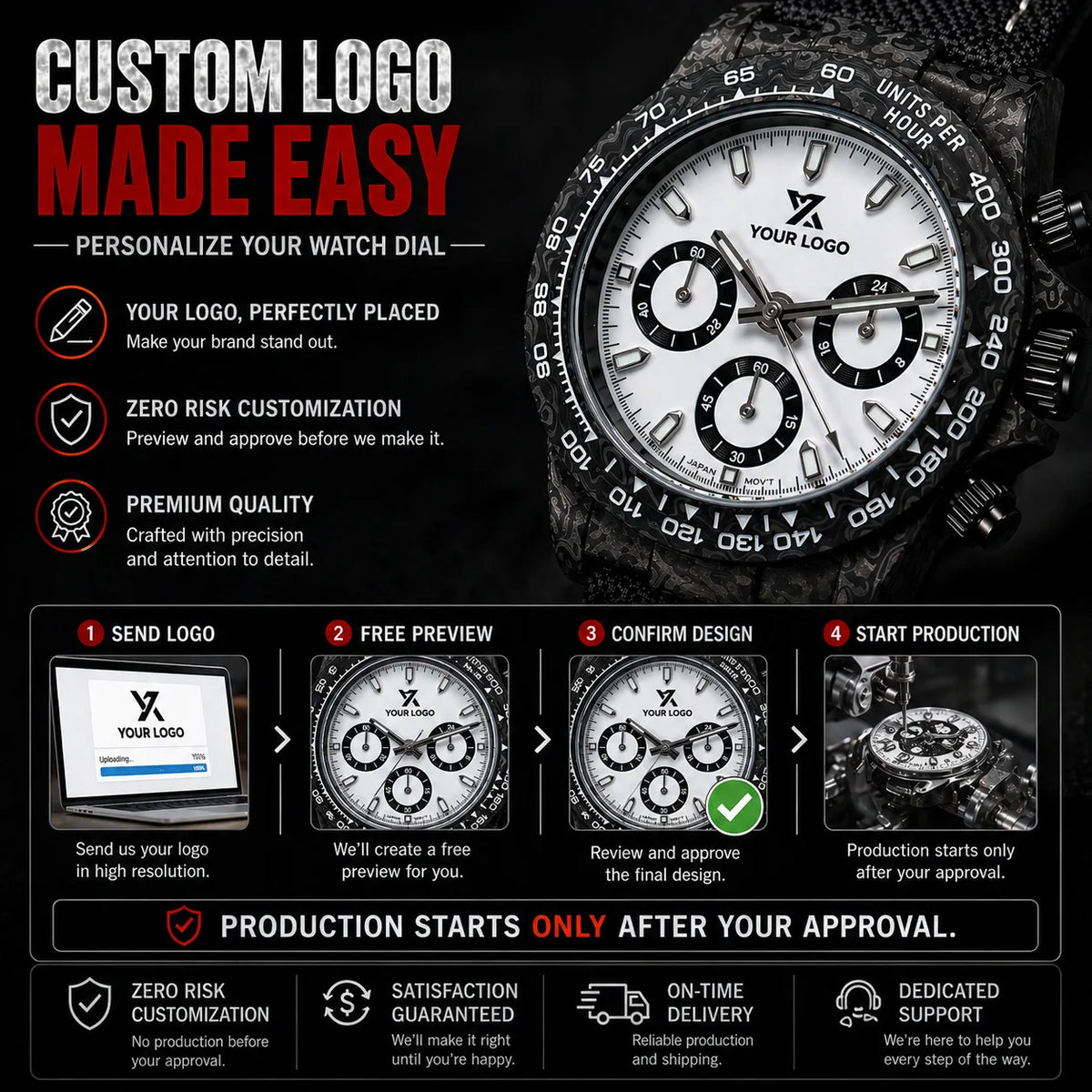 Montre chronographe « Panda » en fibre de carbone de 39 mm, VK63, quartz, verre saphir, logo personnalisé, pour homme, sportive