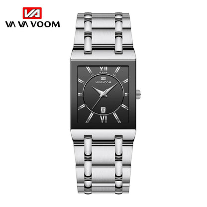 Herenzakelijk horloge, eenvoudig ontwerp, luxe mode, rechthoekig, zwart-goud, roestvrij staal, kalender, waterdicht, quartz, herenhorloges