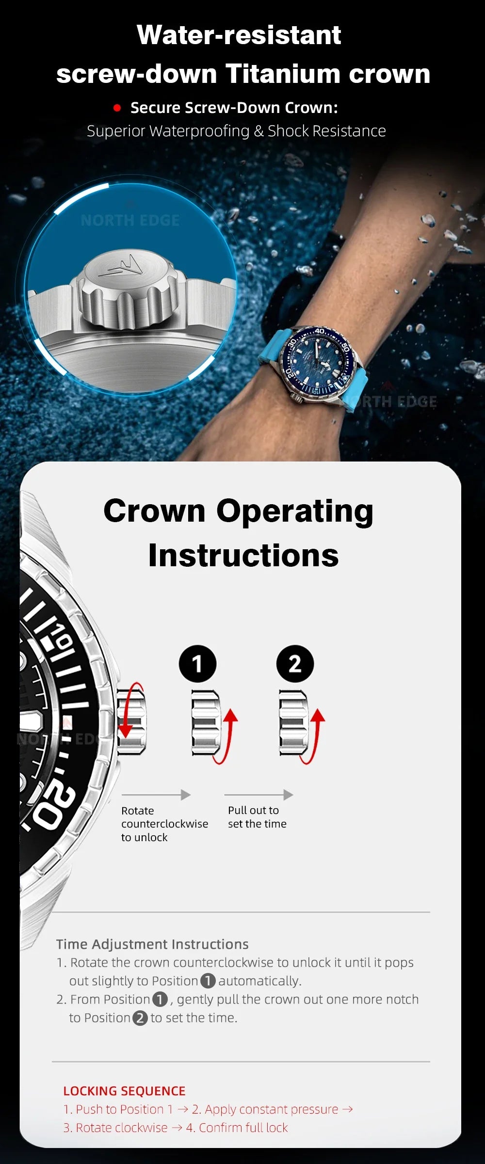 NORTH EDGE NEW+ TRITON-TI Titanium Solar-Powered Diving Watch Luxury Quartz Watches for Men 300M Waterproof 180+ Day Power