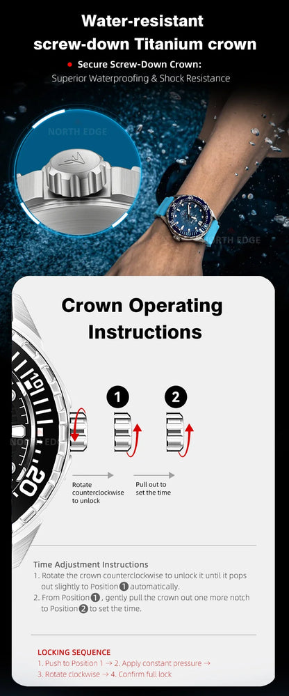 NORTH EDGE NEW+ TRITON-TI Titanium Solar-Powered Diving Watch Luxury Quartz Watches for Men 300M Waterproof 180+ Day Power