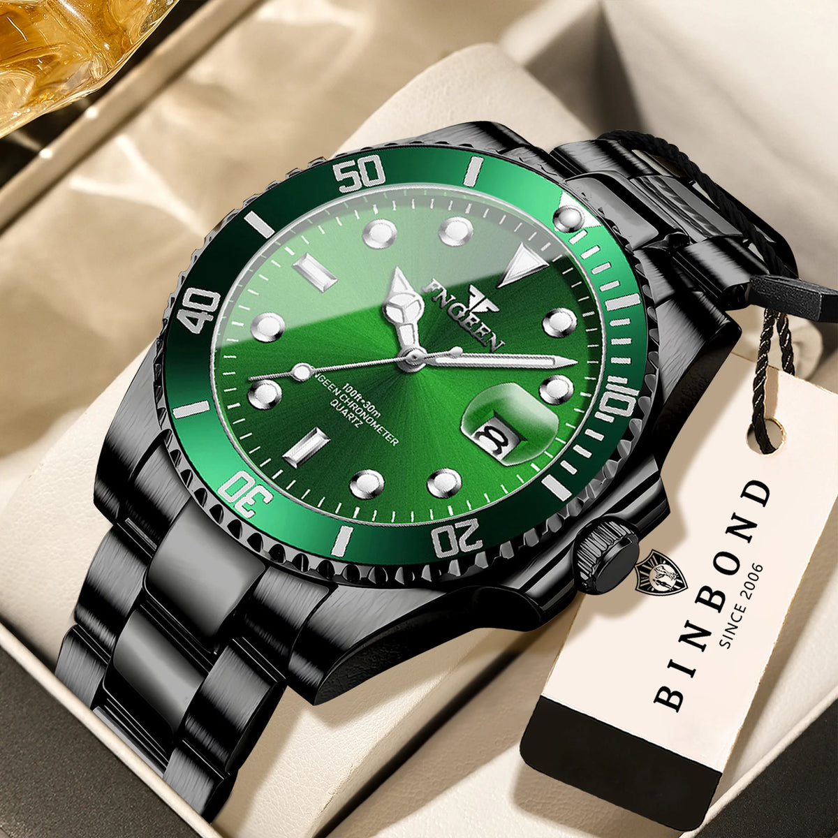 Orologio da polso al quarzo FNGEEN Son Brand di BINBOND con bracciale in acciaio inossidabile da uomo, luminescente e impermeabile, di lusso.