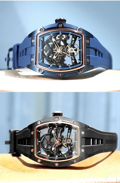 MEGIR Automatic Wristwatch Men Fashion Black Silicone Strap Wateproof Luminous Sport Mechanical Watch with Tonneau Dial 2242