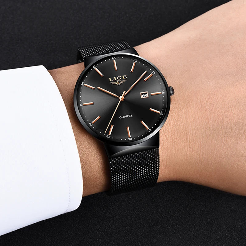 Orologio da uomo LIGE, modello elegante e lussuoso, ultrasottile, impermeabile, con bracciale a maglia, movimento al quarzo, datario e calendario – ideale per uno stile professionale.