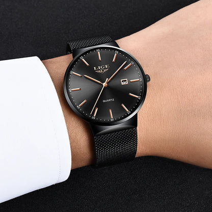 Orologio da uomo LIGE, modello elegante e lussuoso, ultrasottile, impermeabile, con bracciale a maglia, movimento al quarzo, datario e calendario – ideale per uno stile professionale.