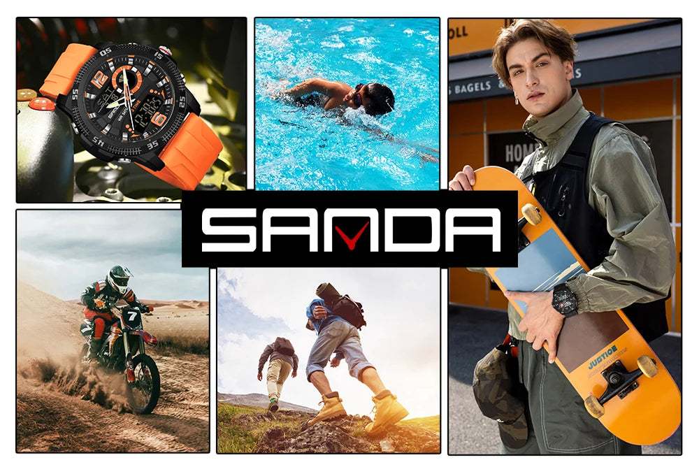 Montres de luxe pour homme SANDA Fashion : montre-bracelet à quartz analogique et numérique, style sportif, décontractée, étanche, avec chronographe en silice