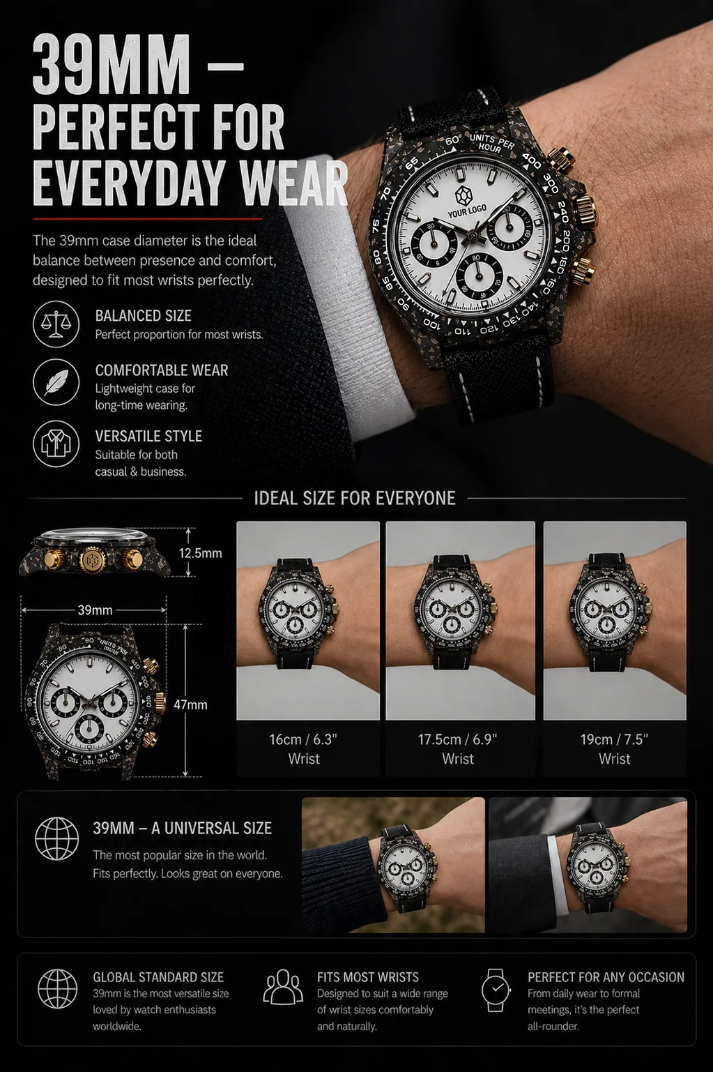 Montre chronographe « Panda » en fibre de carbone de 39 mm, VK63, quartz, verre saphir, logo personnalisé, pour homme, sportive