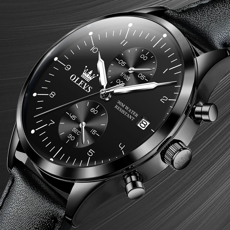 Orologio da uomo OLEVS 2880 – Cronografo elegante e dalle linee essenziali, cinturino in pelle, datario automatico, impermeabile, lancette luminescenti, movimento al quarzo.