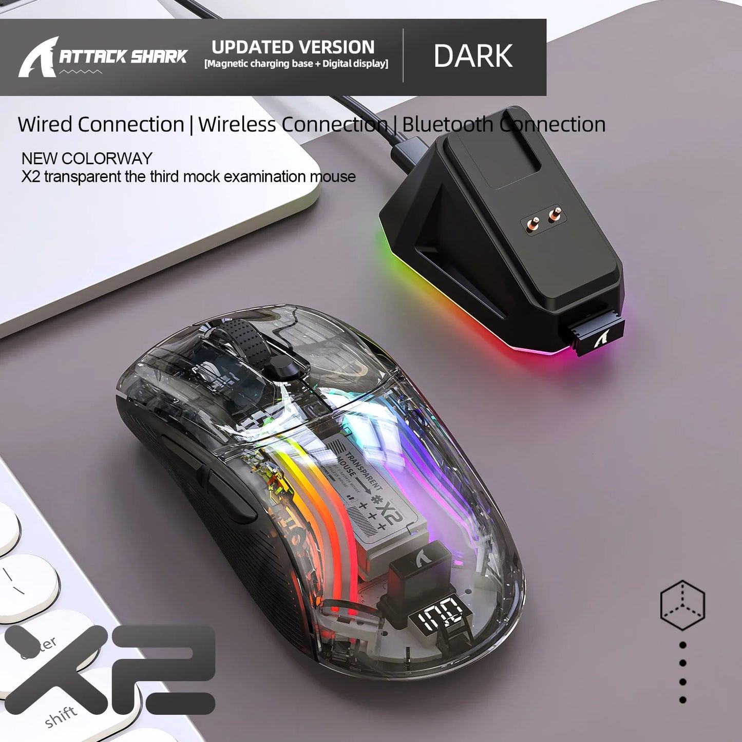 Attack Shark X2PRO Bluetooth Mouse, Tri-Mode , RGB Lights, Magnetic Charging ,Transparent, Battery Indicator, Computer Phone