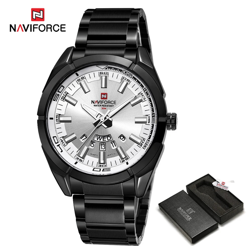 Orologio da uomo NAVIFORCE, interamente in acciaio, impermeabile, stile casual, movimento al quarzo con datario – Orologio da polso di lusso da uomo, di un marchio di primo piano.