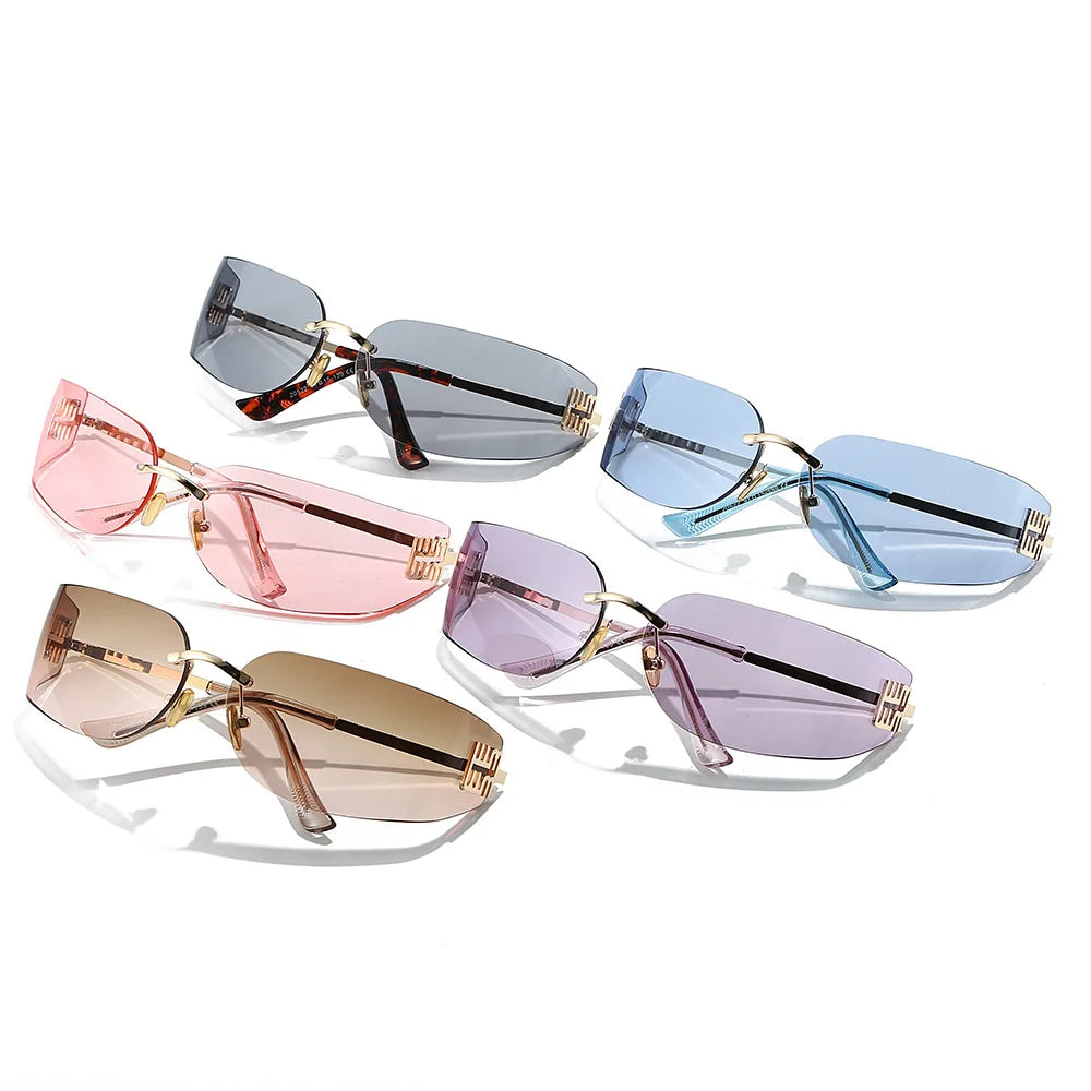 High End Sunglasses Women Rimless Curved Sun Glasses for Eye Protection and Sunscreen Travelling Hiking Shades Gafas