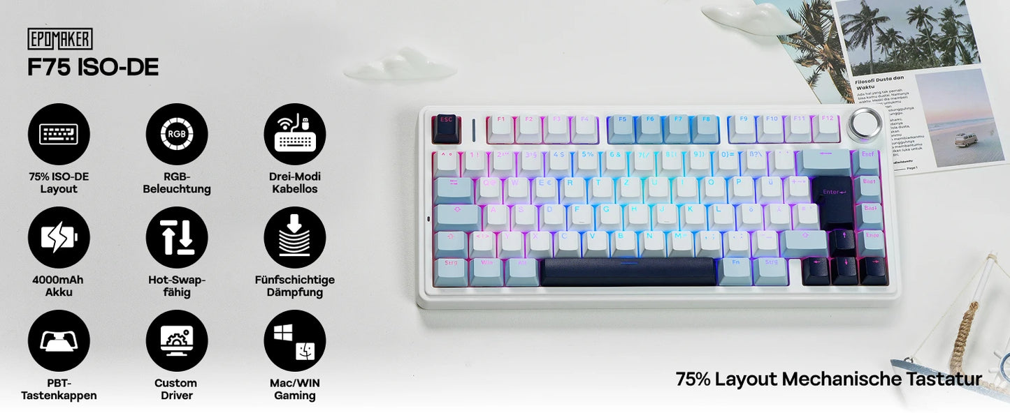 ISO-DE Layout EPOMAKER X AULA F75 75% German QWERTZ Hot-Swap Gasket Wired/Bluetooth/2.4G Wireless Mechanical Keyboard Knob/RGB