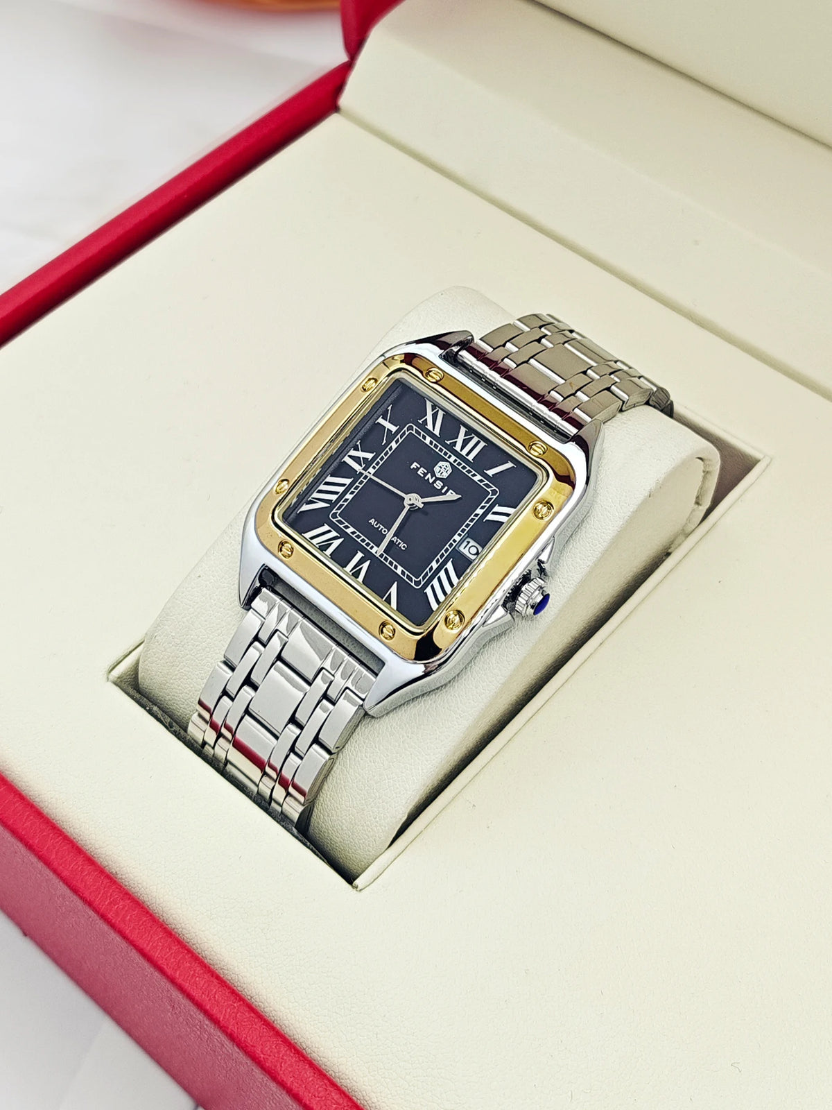 Montre carrée pour homme — Bracelet en acier inoxydable, affichage de la date