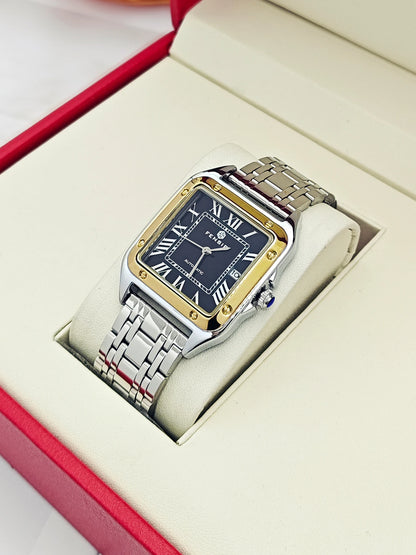 Montre carrée pour homme — Bracelet en acier inoxydable, affichage de la date