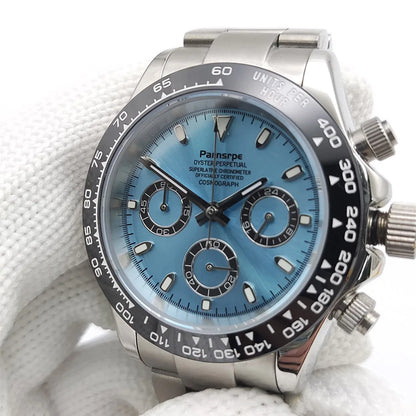 Zegarek kwarcowy dla mężczyzn 39 mm – luksusowy chronograf, modny, z szafirowym szkiełkiem, stylowy, sportowy, z bransoletą ze stali nierdzewnej