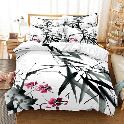 Juego de funda nórdica con pintura de bambú, ropa de cama de estilo chino, conjunto juvenil de lino para cama Queen Size, funda para edredón, ropa de cama de moda