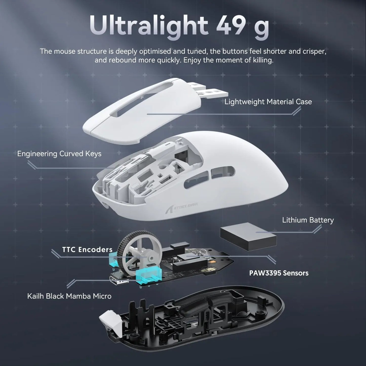 ATTACK SHARK X3 Wireless Gaming Mouse PixArt PAW3395 49g SUPERLIGHT, BT/2.4G Wireless/Wired, 6 Adjustable DPI up to 26000