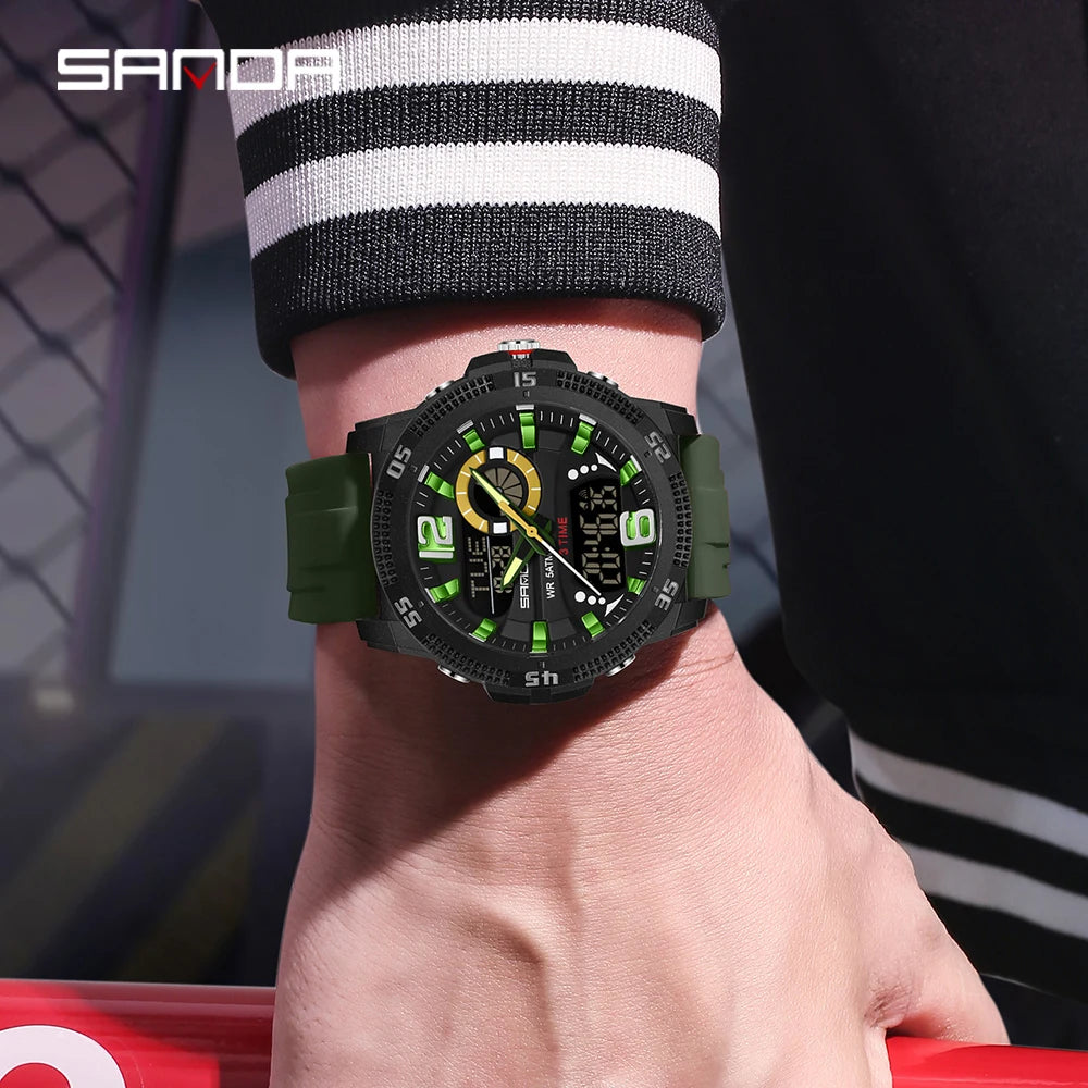 Montres de luxe pour homme SANDA Fashion : montre-bracelet à quartz analogique et numérique, style sportif, décontractée, étanche, avec chronographe en silice