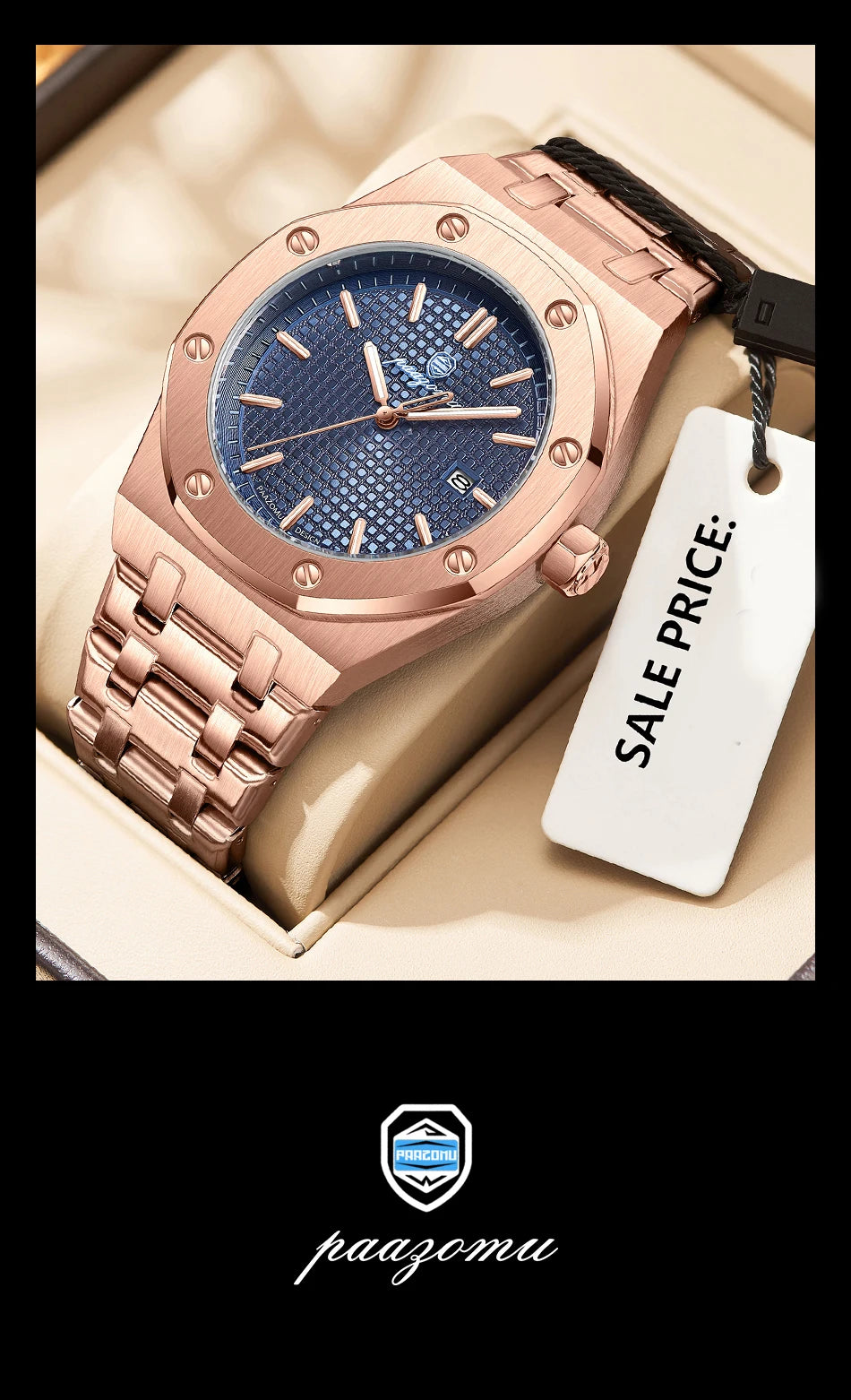 Montre à quartz carrée de luxe PAAZOMU pour homme, étanche, avec date luminescente, montre pour homme en acier inoxydable, montres d'affaires pour homme