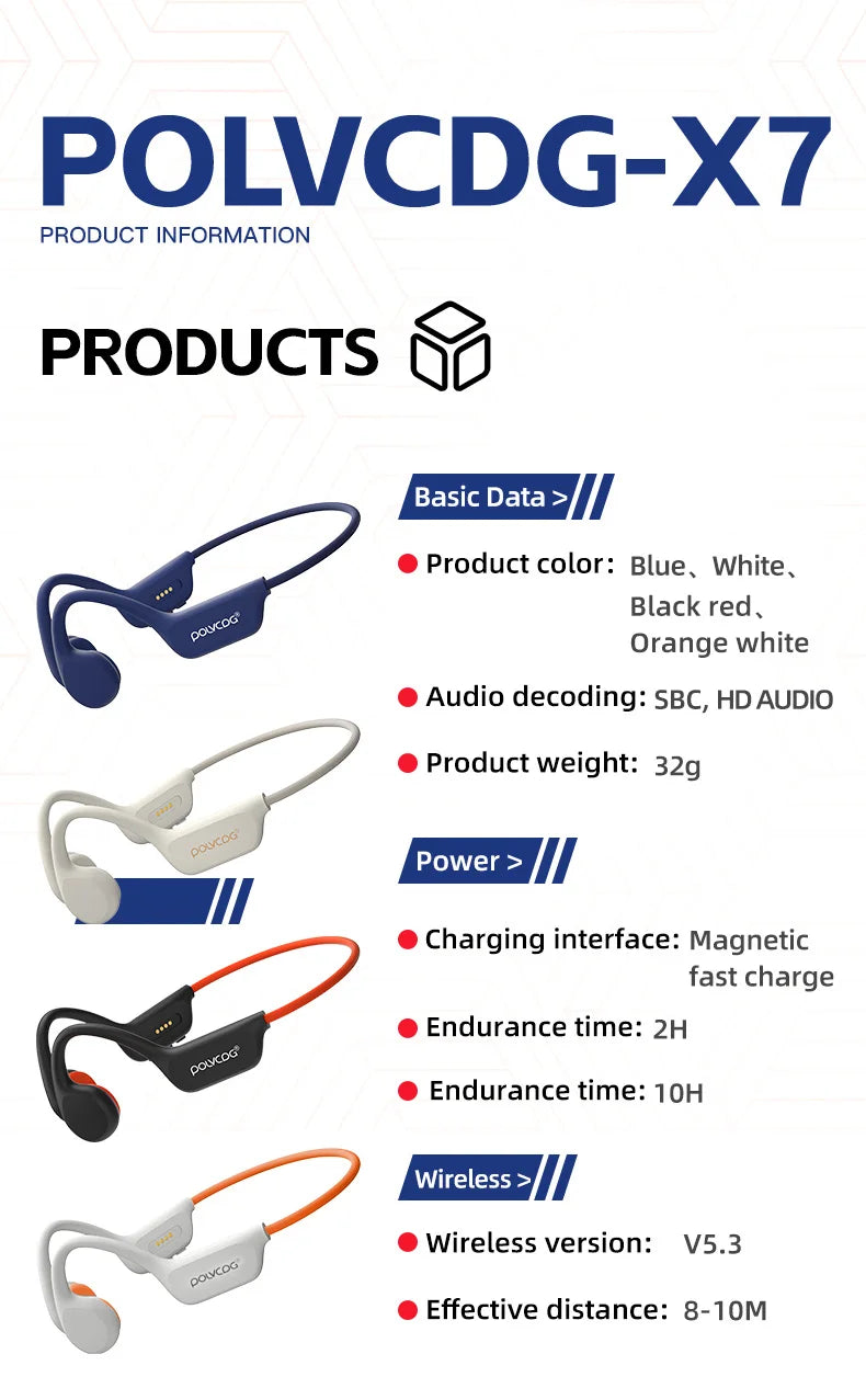 POLVCDG X7 Bone Conduction Headset IPX8 Open Headset Bluetooth 5.3 Swimming with microphone Waterproof 32GB Memory MP3 2024 new