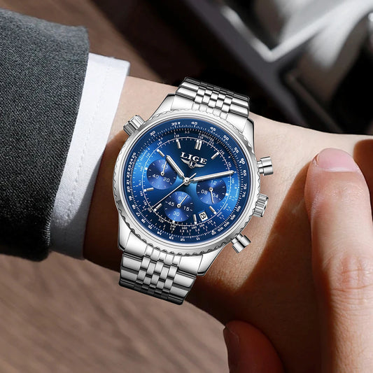 LIGE Luxusuhr für Herren – Chronograph mit Datumsanzeige, aus Edelstahl, wasserdicht, leuchtend, im sportlichen und militärischen Stil, Quarzuhr für Herren