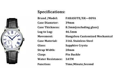 FARASUTE 2026 Fashion Power Reserve 80 hours Hangzhou Customized Movement Manual Mechanical Watch For Men Sapphire Crystal reloj