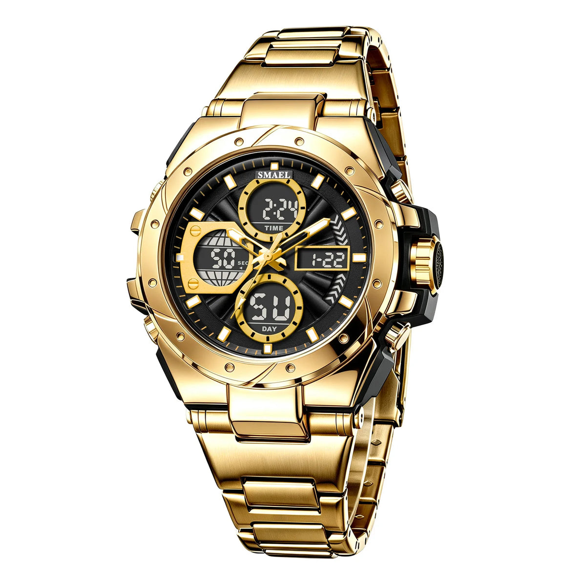 Herrenuhr SMAEL 8160 – Militär-Sportmodell, analog und digital, aus Edelstahl – Wasserdicht, mit LED-Anzeige, Wecker, Chronograph und Stoppuhr