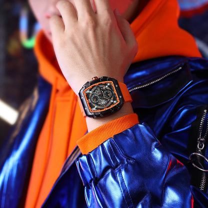 CURREN Tonneau Dial Sport Watch for Men Fashion Waterproof Quartz Wristwatch with Auto Date Yellow Silicone Strap Luminous