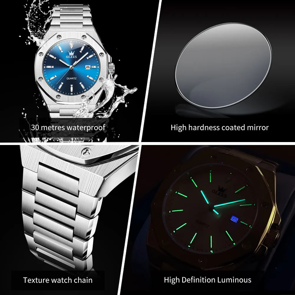 Montres OLEVS pour homme : montre de luxe classique à quartz, argentée et bleue, étanche, en acier inoxydable, luminescente, Reloj Hombre
