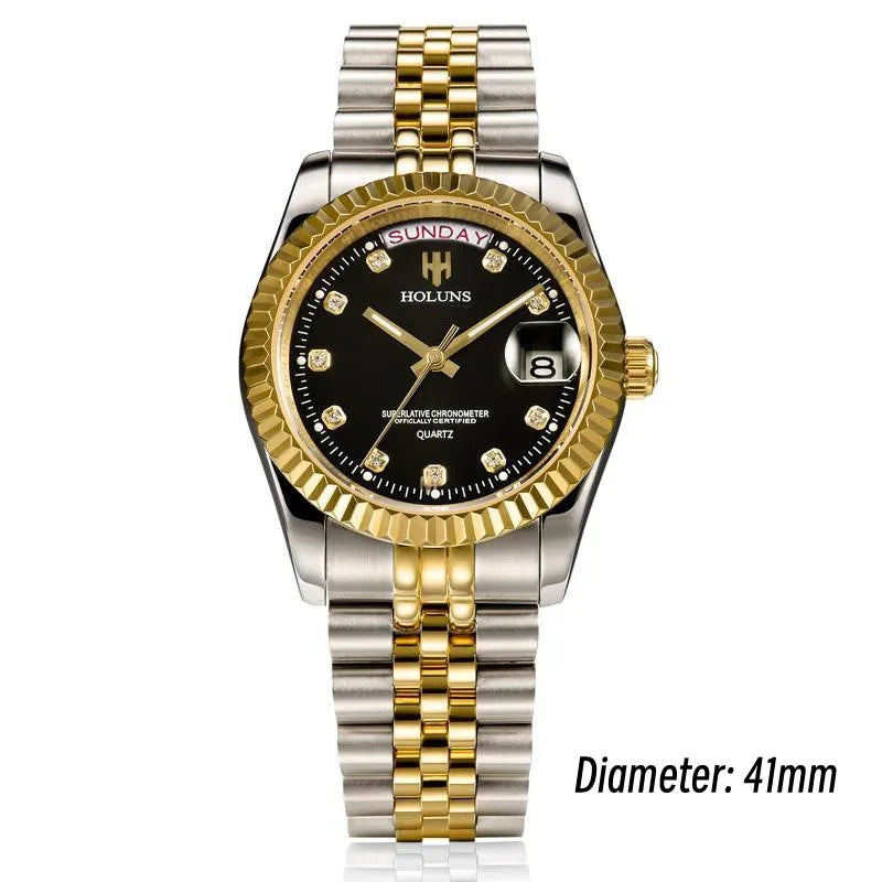 Relojes de hombre Holuns Luxury Classic de 36/41 mm en oro, con movimiento de cuarzo MIYOTA de Japón, de acero inoxidable, reloj de pulsera clásico de negocios, resistente al agua