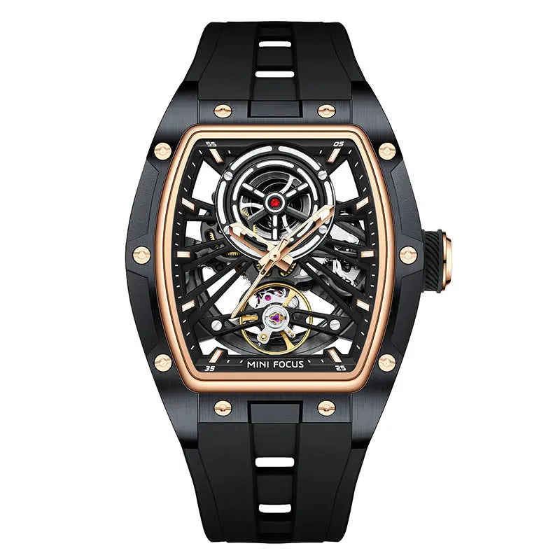 Reloj de pulsera MINI FOCUS para hombre, negro, a la moda, resistente al agua, mecánico automático, con manecillas luminosas, correa de silicona y esfera tonneau