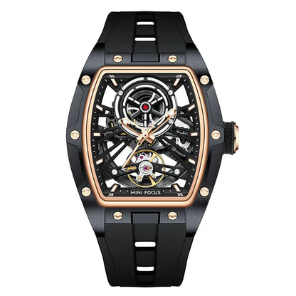 Reloj de pulsera MINI FOCUS para hombre, negro, a la moda, resistente al agua, mecánico automático, con manecillas luminosas, correa de silicona y esfera tonneau