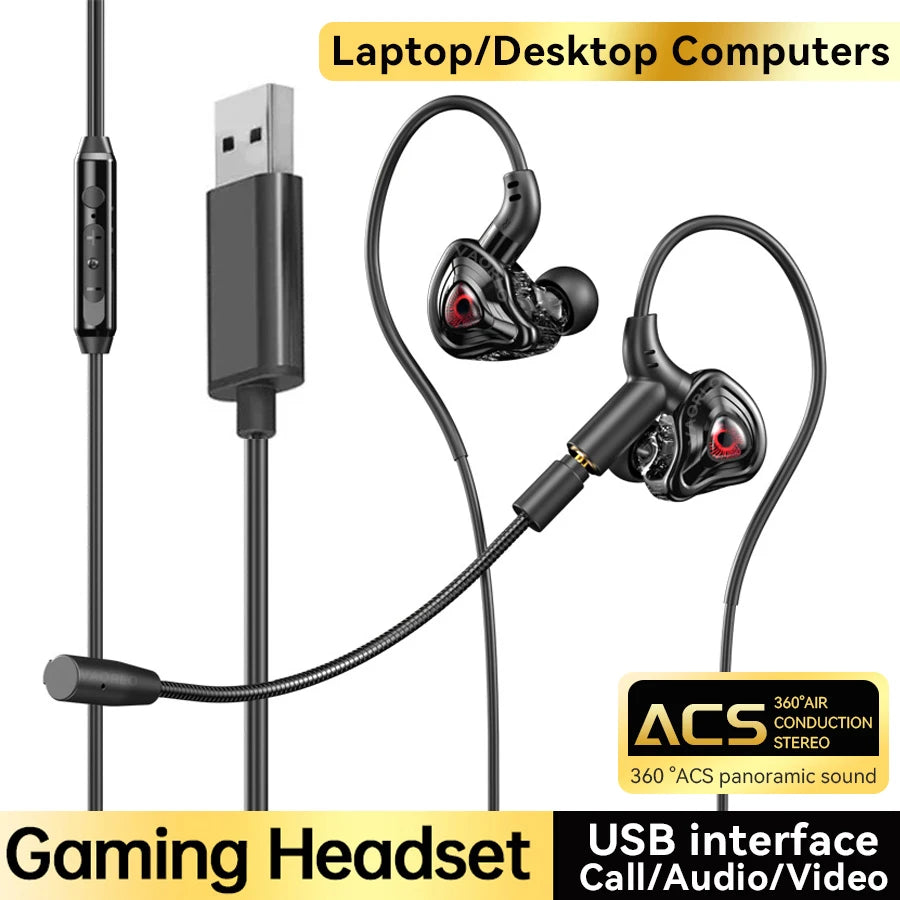 3.5mm/Type-C/USB  E-sports Gaming Headset 360° Surround Sound, HiFi Stereo Wired Headphone in-ear dual Mic, PUBG Gaming Earphone