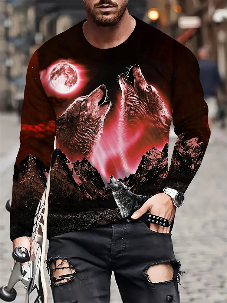 2024 New Wolf Print Men's Long Sleeve T-shirt Spring and Autumn Daily Casual Street Fashion Men's Long Sleeve T-shirt