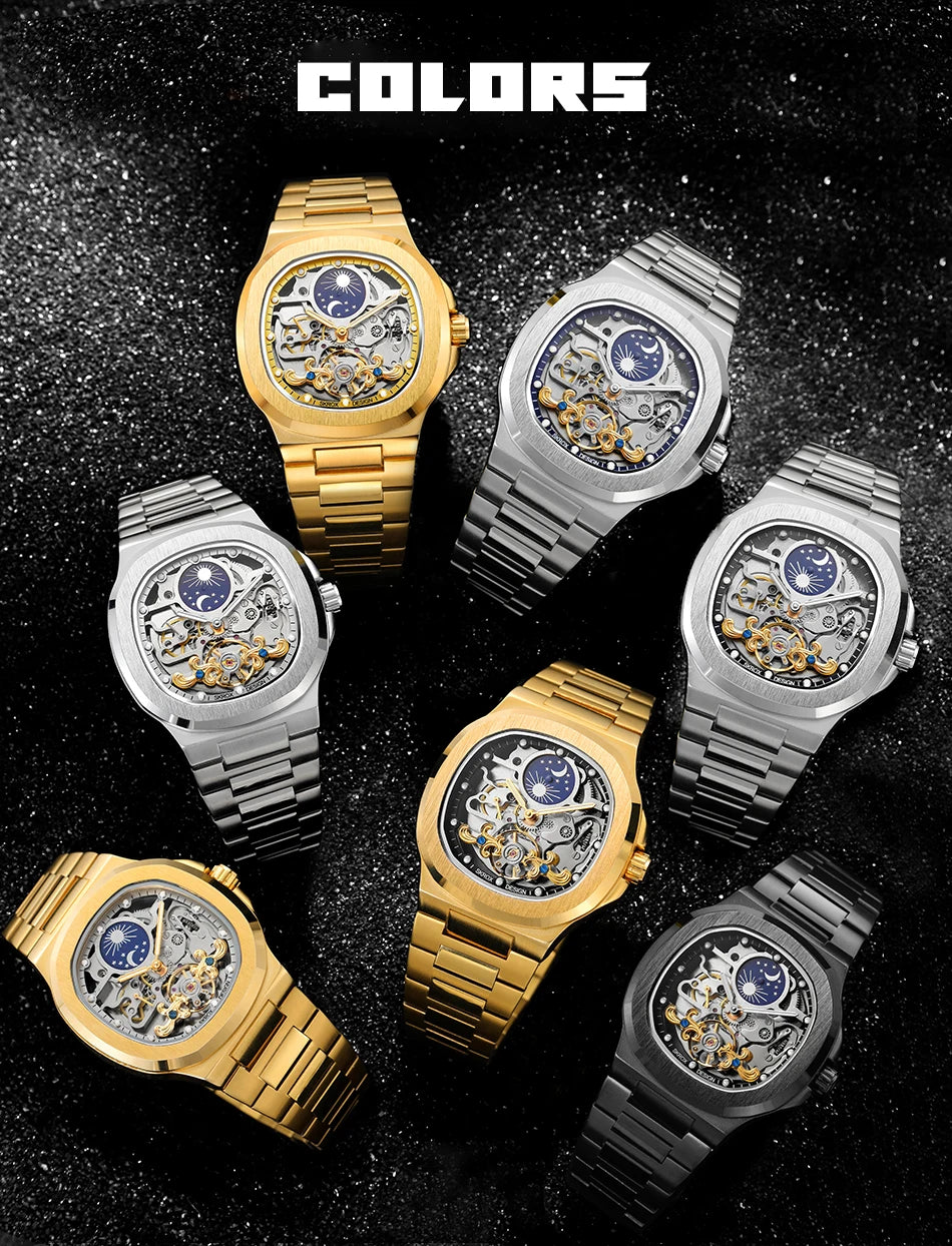 2026 High-end Luxury SKROX Square Man Watch Sapphire Stainless Steel Skeleton Moon Phase Classic Automatic Movement Male Watches
