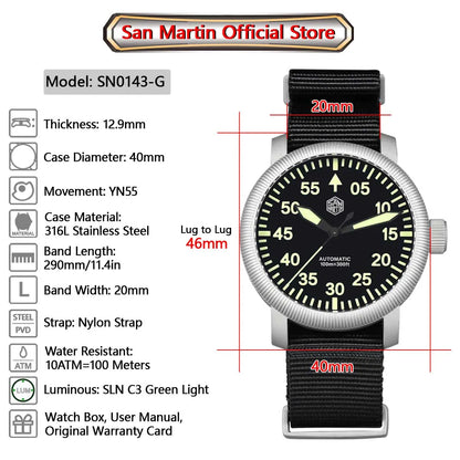 San Martin New 40mm Retro Pilot YN55 Automatic Mechanical Fashion Simple Style Men Wristwatch 100m Waterproof C3 Luminous SN0143