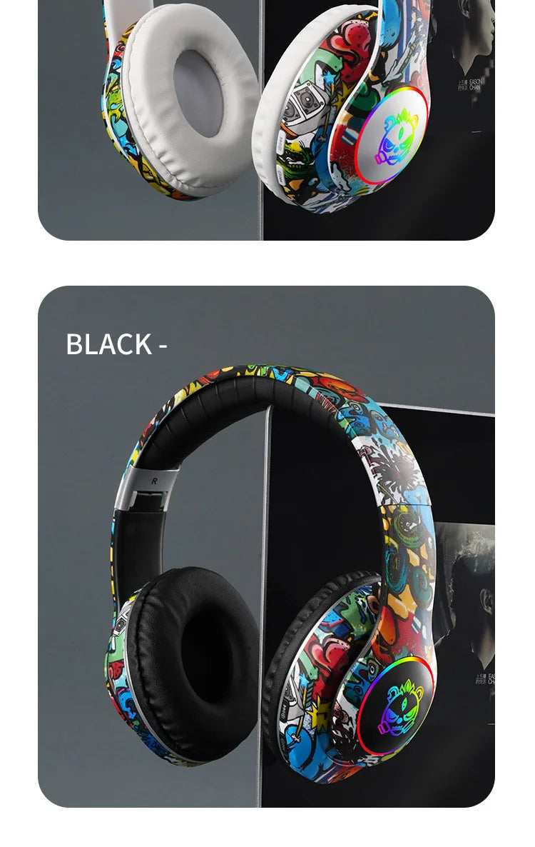 New Graffiti Wireless Overhead Headset with Mic LED Light LX-8686 High Quality TF Card Bluetooth Headphones for PC Gaming Child