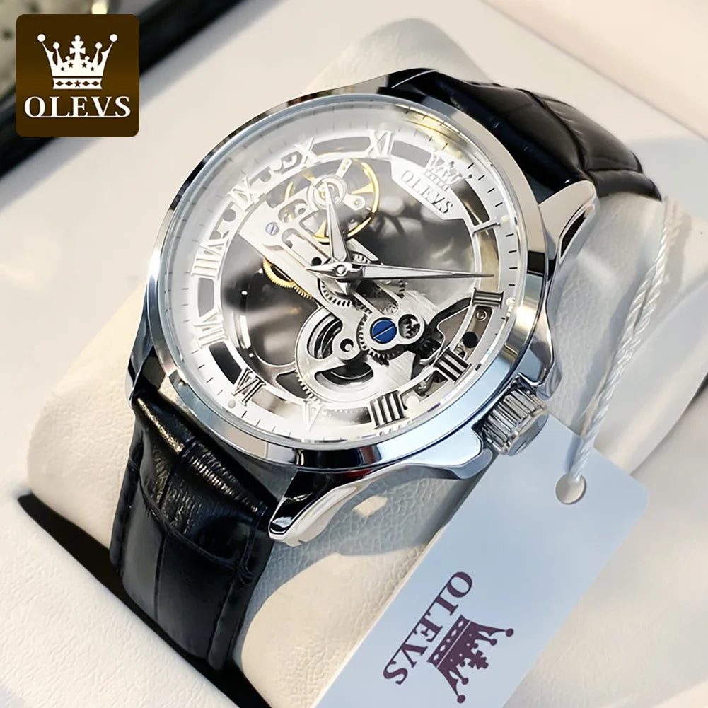 Orologio meccanico automatico da uomo OLEVS 6661 – Modello scheletrato completamente trasparente con rotore a vista, cinturino in pelle, orologio di lusso originale da uomo
