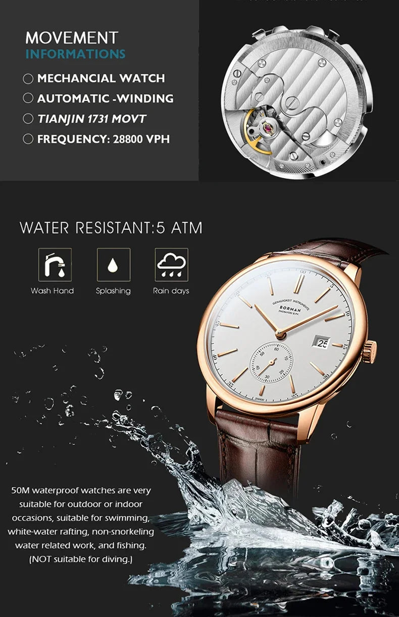 BORMAN BM3817 TOP Watch New 42 Luxury Men Automatic Mechanical Men's Watches Sapphire Ultra-thin 50M Waterproof Sub Dial Clocks