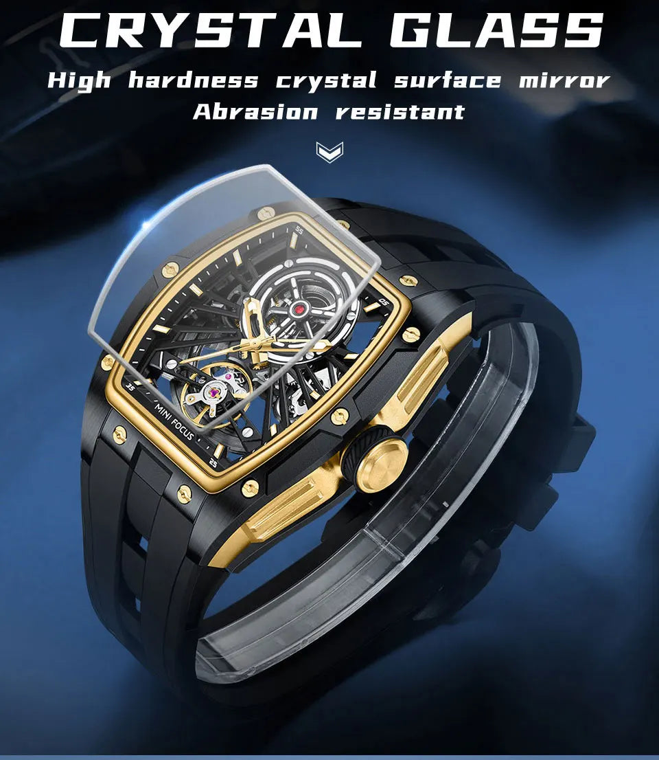 Reloj de pulsera MINI FOCUS para hombre, negro, a la moda, resistente al agua, mecánico automático, con manecillas luminosas, correa de silicona y esfera tonneau