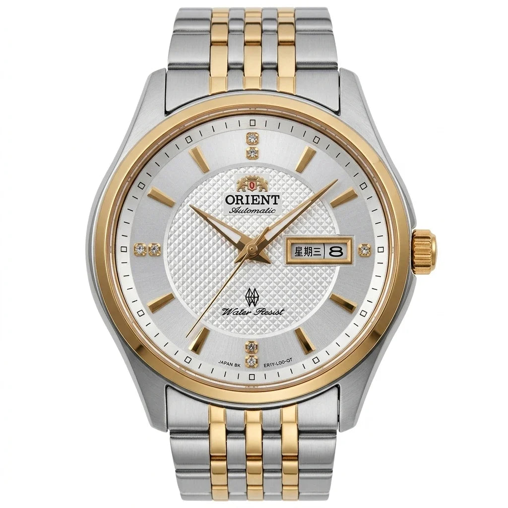 Orologio meccanico automatico da uomo Orient, con doppio calendario (data e giorno della settimana), indici in cristallo e bracciale in acciaio inossidabile – Orologio da polso dallo stile professionale