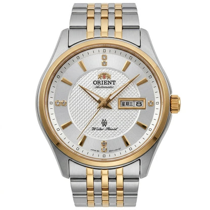 Orologio meccanico automatico da uomo Orient, con doppio calendario (data e giorno della settimana), indici in cristallo e bracciale in acciaio inossidabile – Orologio da polso dallo stile professionale
